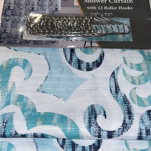 Compass bath set Shower Curtain 12 hooks 70” x 72” brand new Washable material - Picture 3 of 5